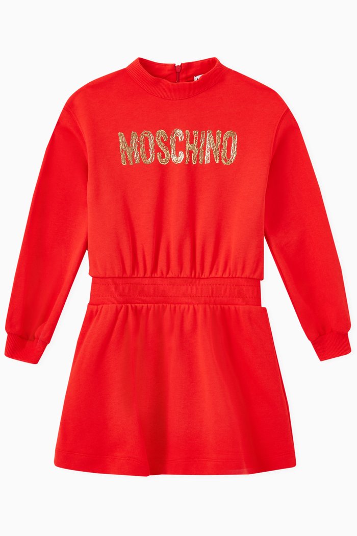 

Gold Logo Print Dress in Fleece, Red
