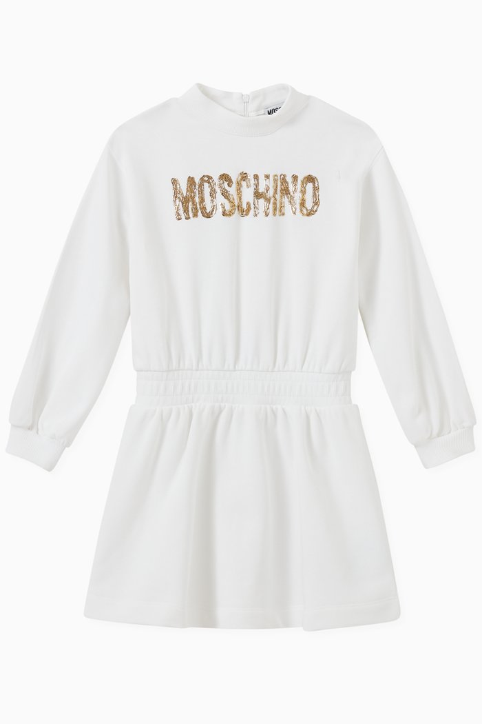 

Gold Logo Print Dress in Fleece, White