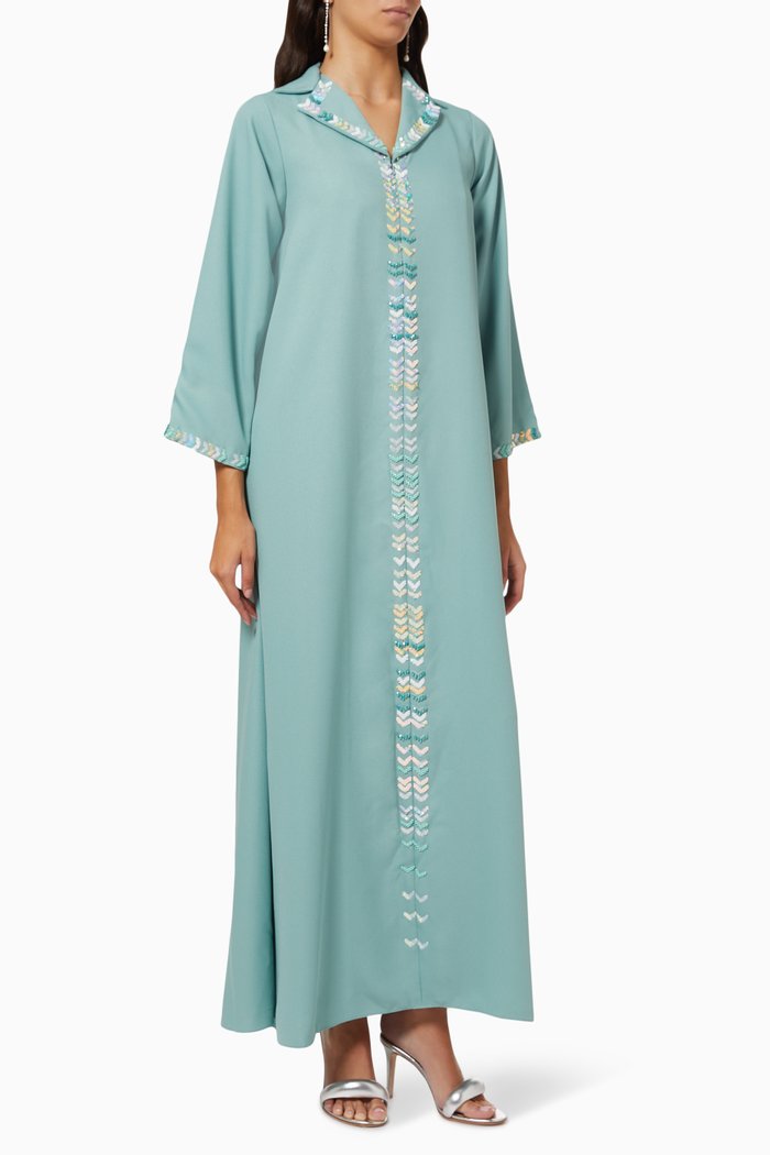 

Collared Sequin Embellished Kaftan, Green