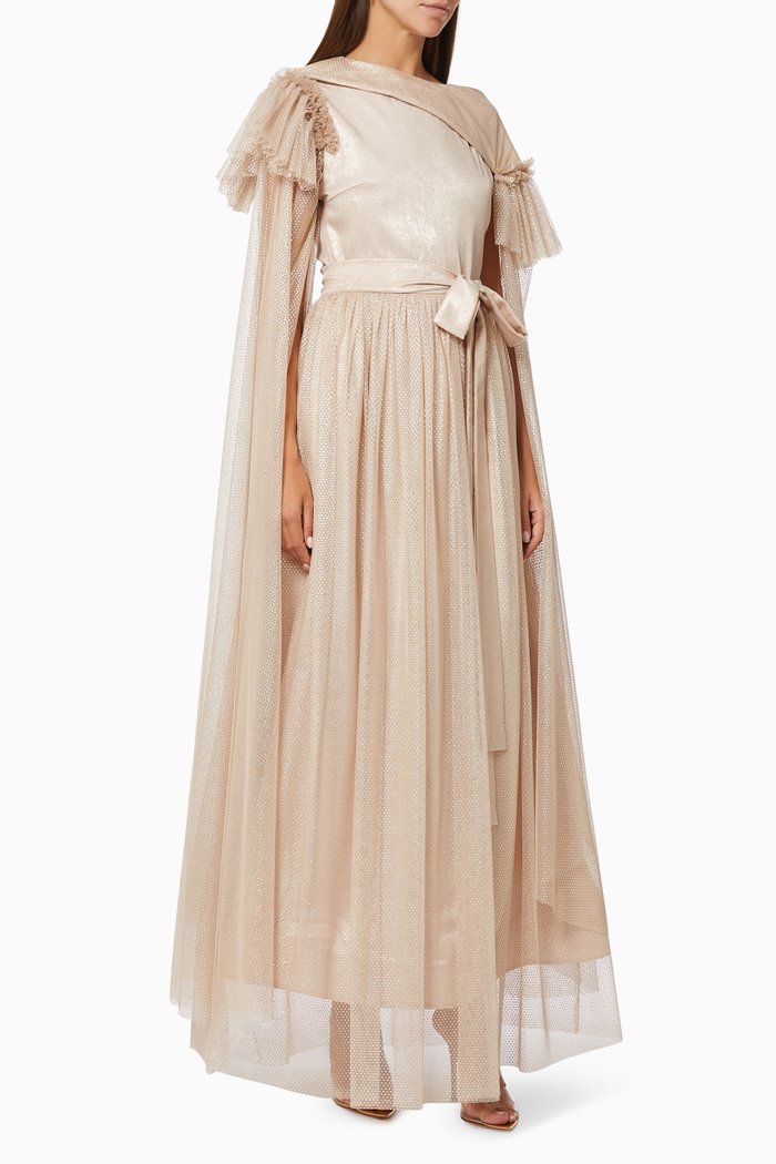 

Puff Sleeve Dress with Belt, Gold