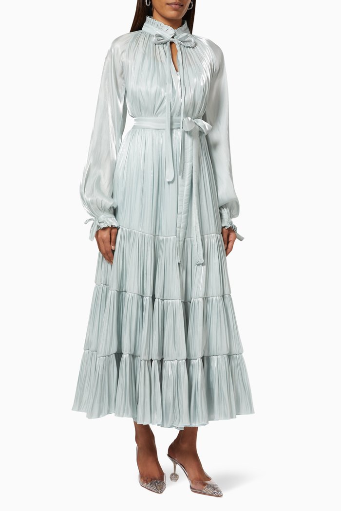 Metallic Tiered Dress with Belt, Blue
