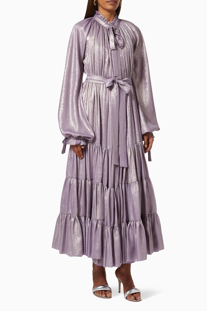 

Metallic Tiered Dress with Belt, Purple