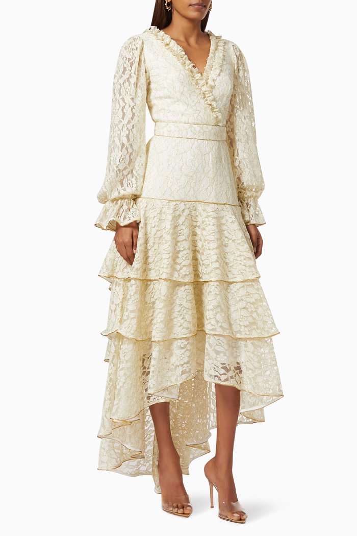 

Ruffle Tiered Dress in Lace, White