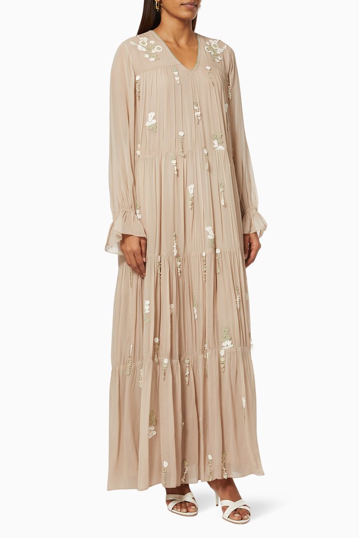 Foliage Droplet Tiered Dress in Georgette, Neutral