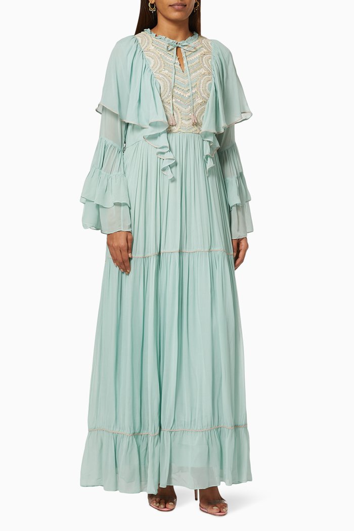 

Art Deco Frill Dress in Georgette, Blue