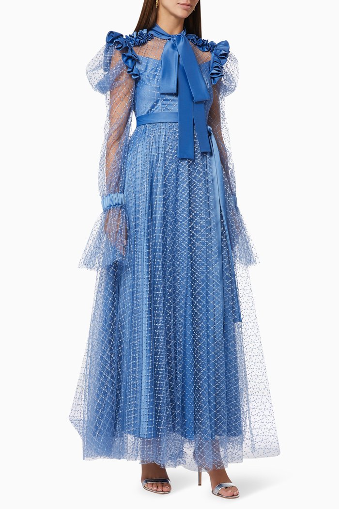 

Long Sleeve Dress in Embroidered Mesh, Blue