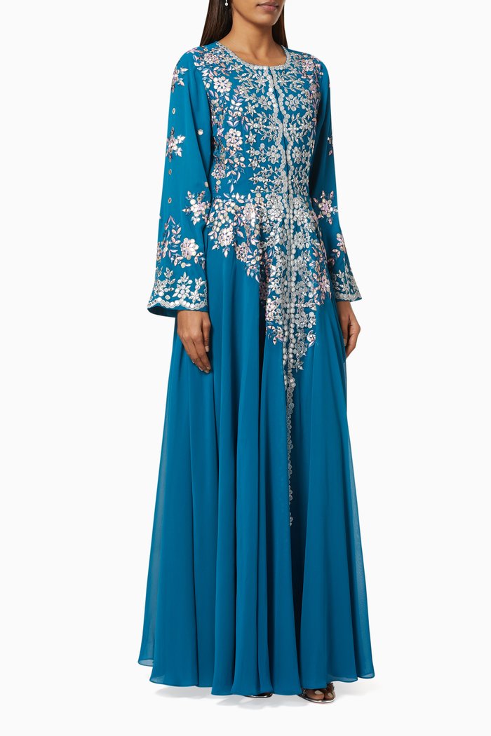 

Floral Embroidered Kaftan in Chiffon, Blue
