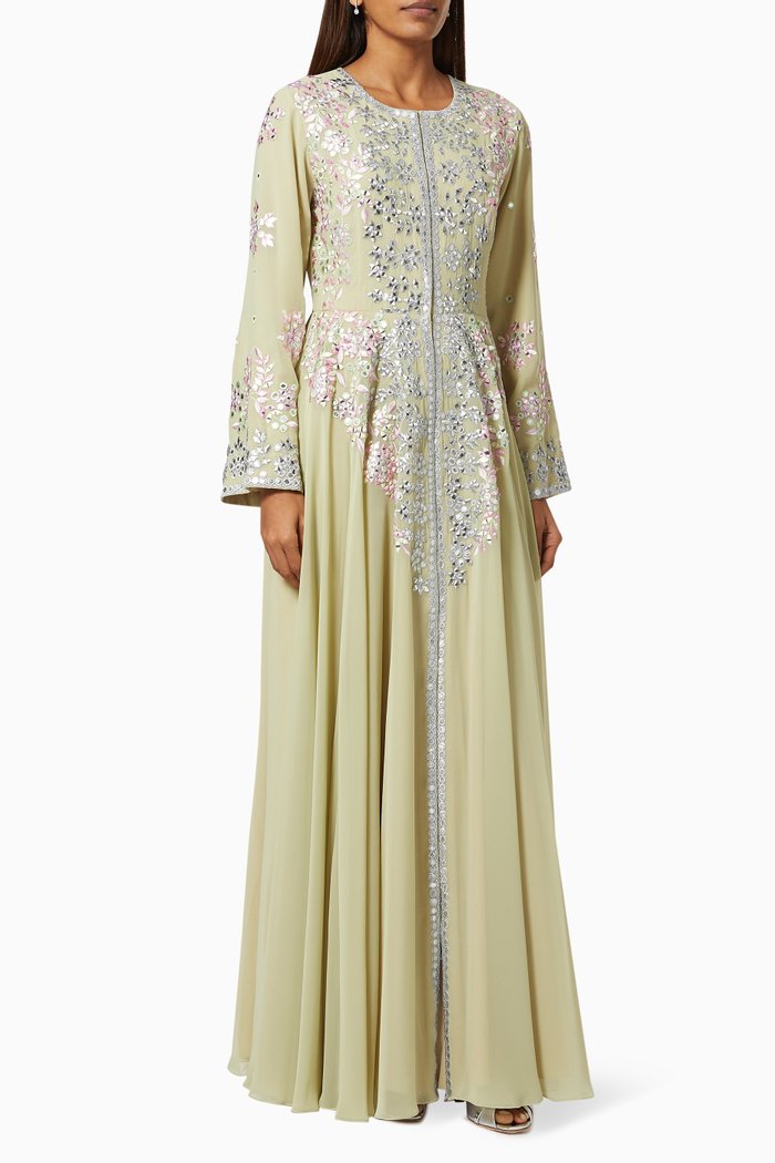 Floral Embroidered Kaftan in Chiffon, Green