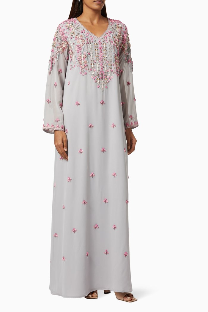 

Floral Embroidered Kaftan in Chiffon, Grey