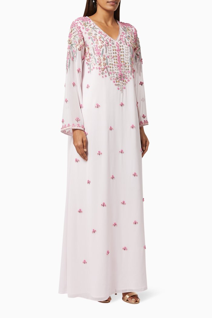 

Floral Embroidered Kaftan in Chiffon, Pink