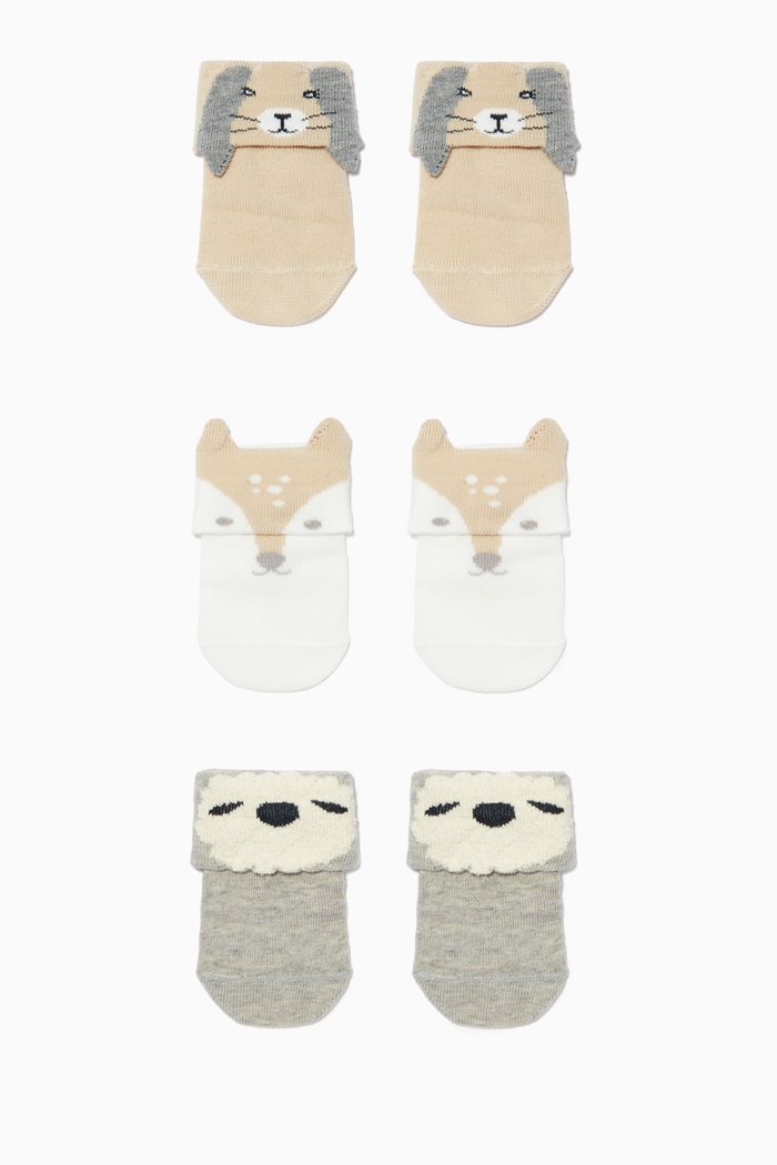 

Animal Socks in Cotton Blend Knit, Set of 3, Neutral