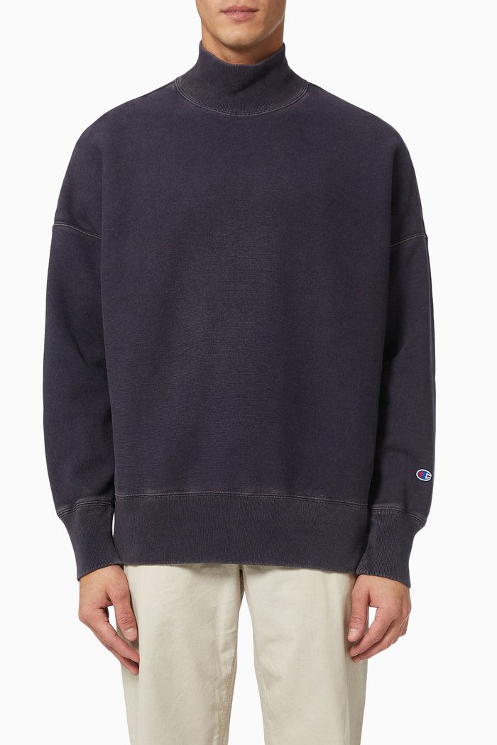 

High Neck Sweatshirt in Reverse Weave Cotton Blend, Blue