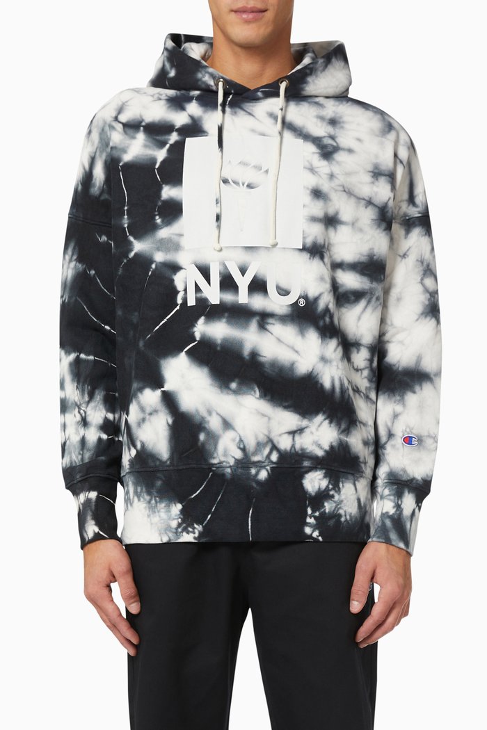 

College Print Tie-Dye Hooded Sweatshirt in Reverse Weave, Black