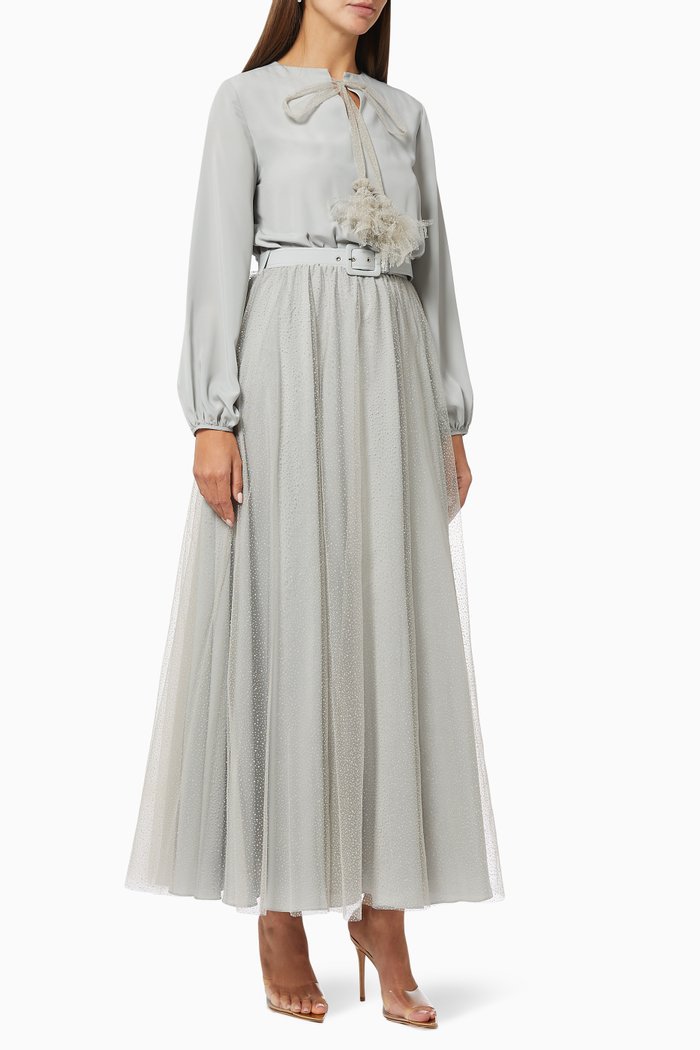 

Tulle Embroidered Dress in Crepe Silk, Grey