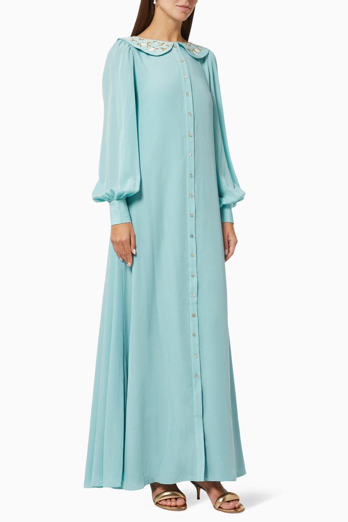 

Embroidered Collar Dress in Crepe Silk, Blue