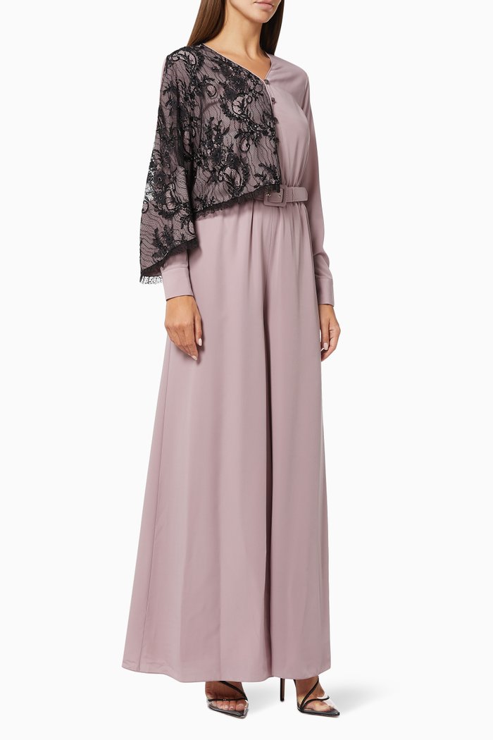 

Embroidered Lace Jumpsuit in Crepe Silk, Pink