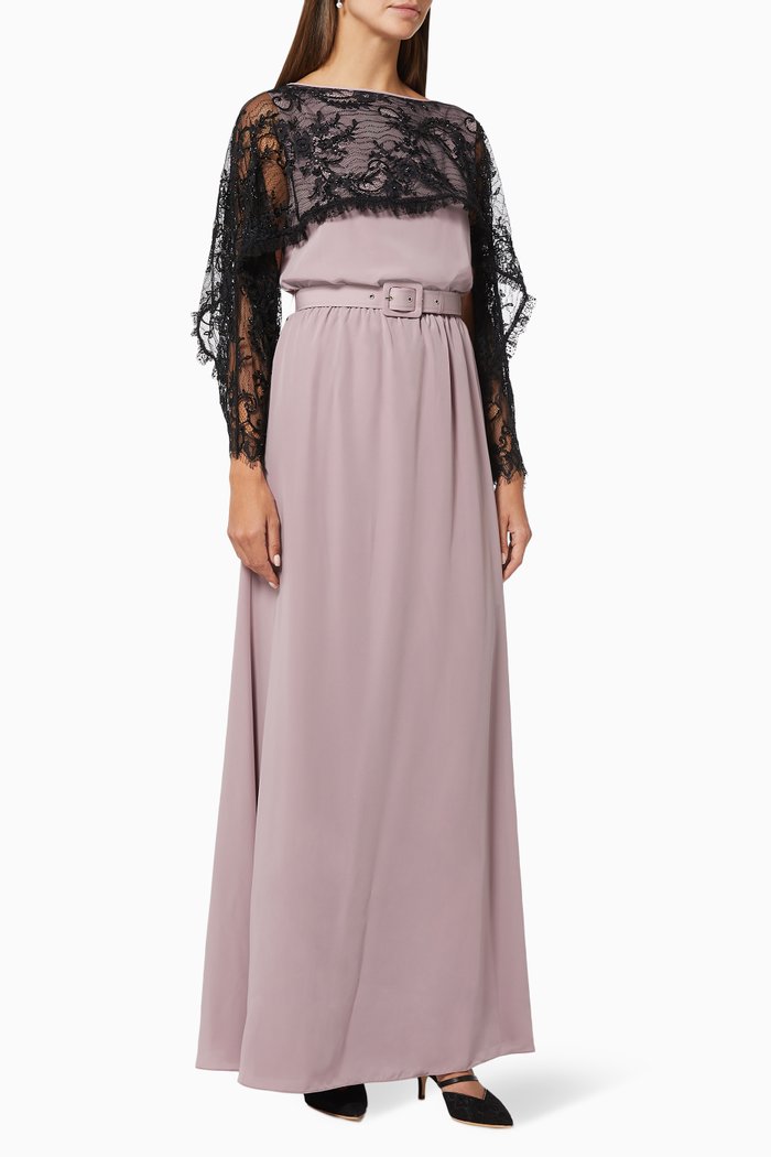 Lace Cape Dress in Crepe Silk, Pink