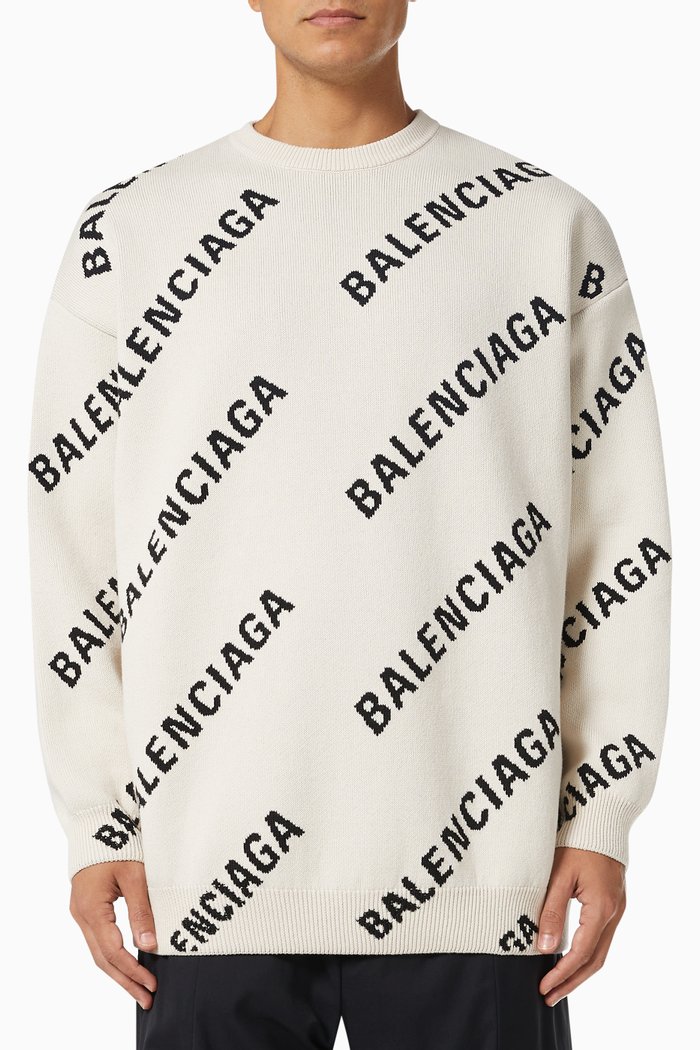 

Allover Logo Crewneck in Jacquard Cotton Wool Blend Knit, Neutral