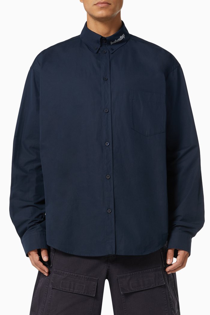 Logo Collar Large Fit Shirt in Cotton Poplin, Blue