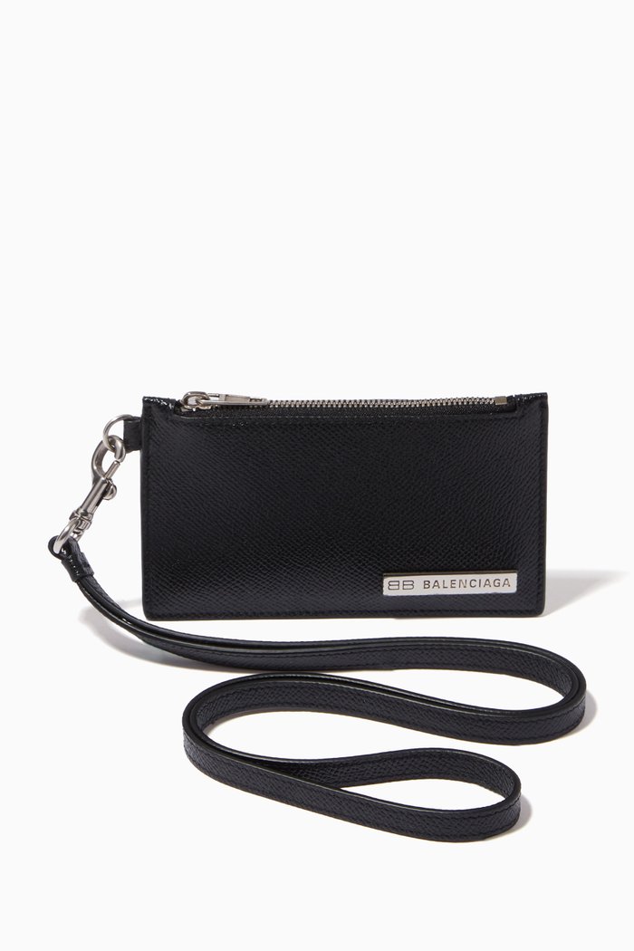 

Plate Card Holder with Neck-tie in Matte Textured Calfskin, Black