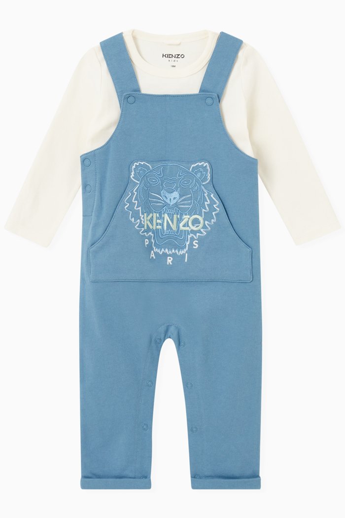 Embroidered Logo Dungarees Set in Organic Cotton, Blue