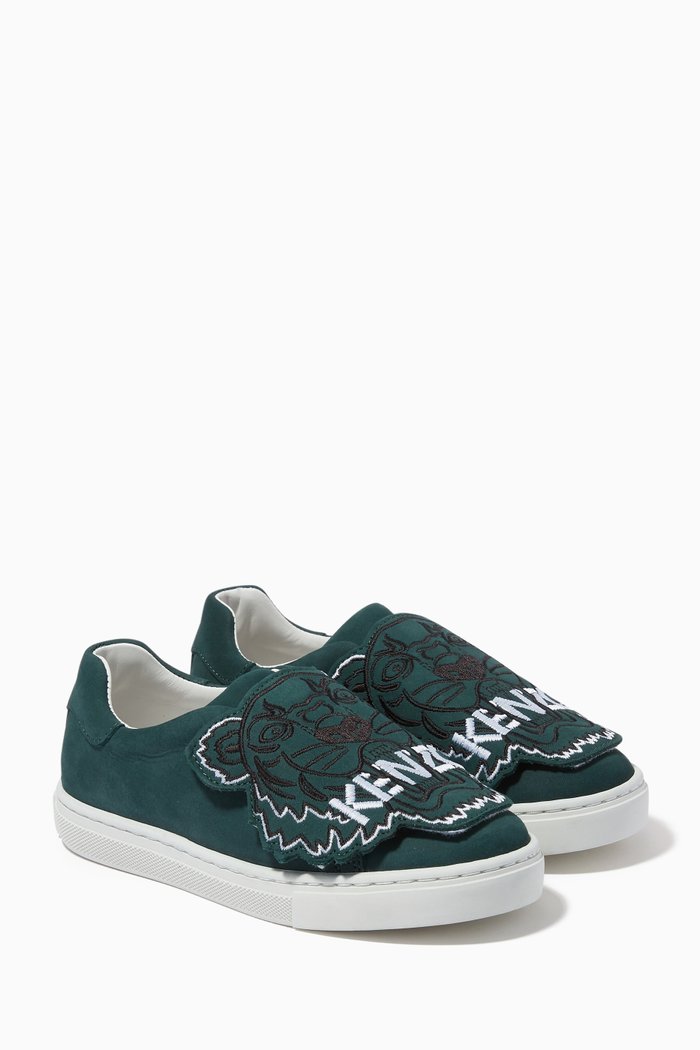 

Tiger Print Slip-on Sneakers in Leather, Green