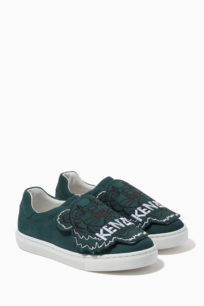 

Tiger Print Slip-on Sneakers in Leather, Green