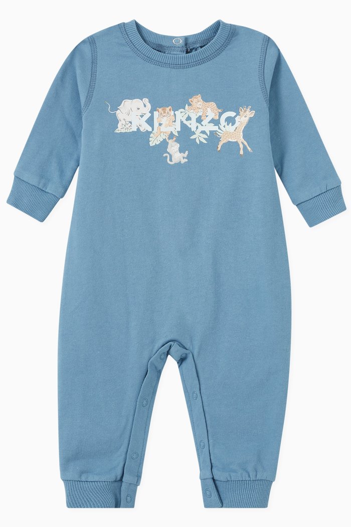 

Baby Animals & Logo Print Romper in Cotton, Blue