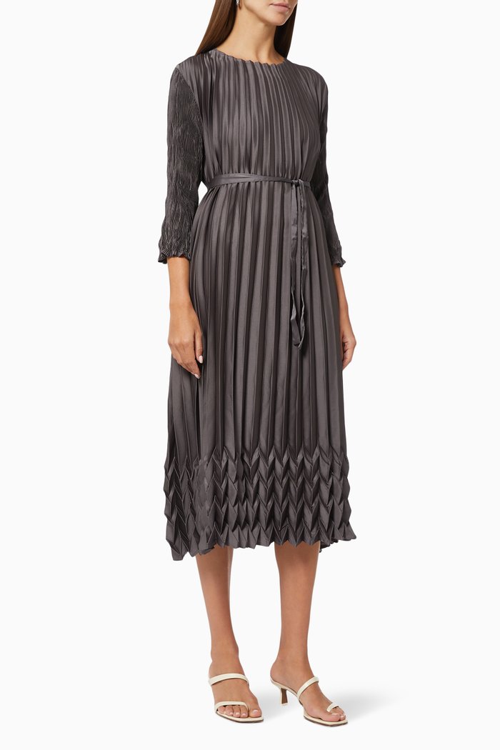 

Emma Pleated Dress in Satin, Grey