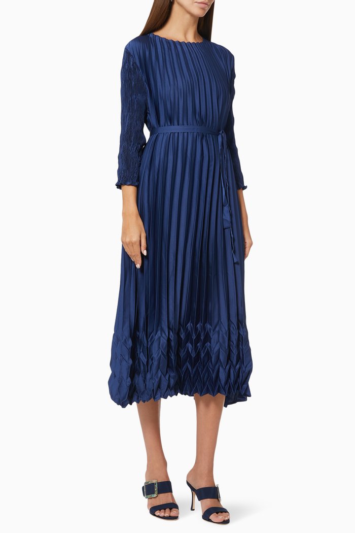 

Emma Pleated Dress in Satin, Blue