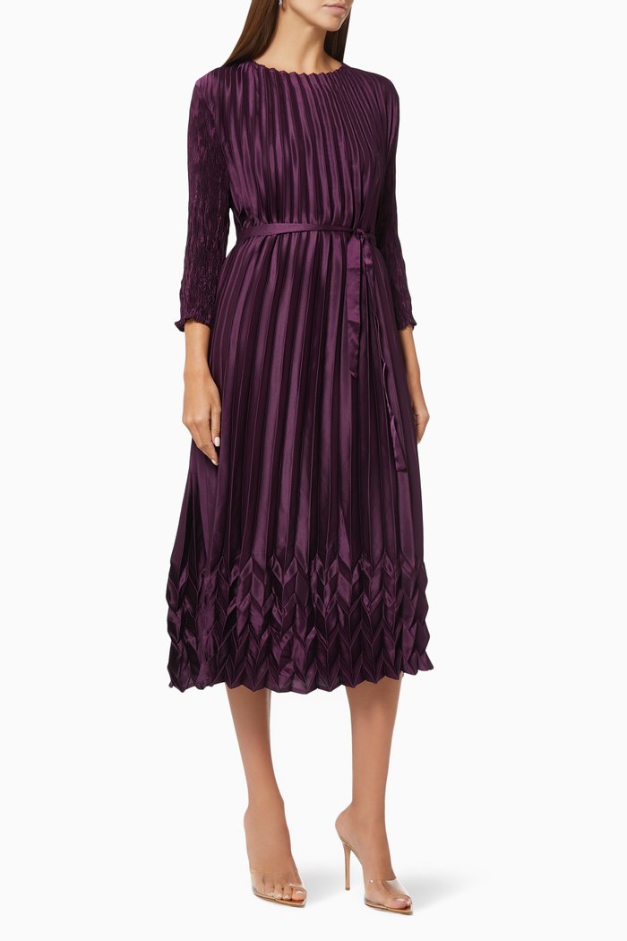 

Emma Pleated Dress in Satin, Purple