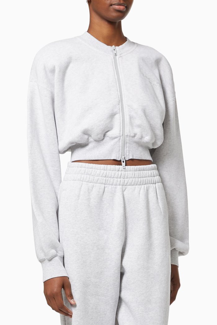 

Cropped Zip-up Crewneck Sweatshirt in Classic Terry, Grey