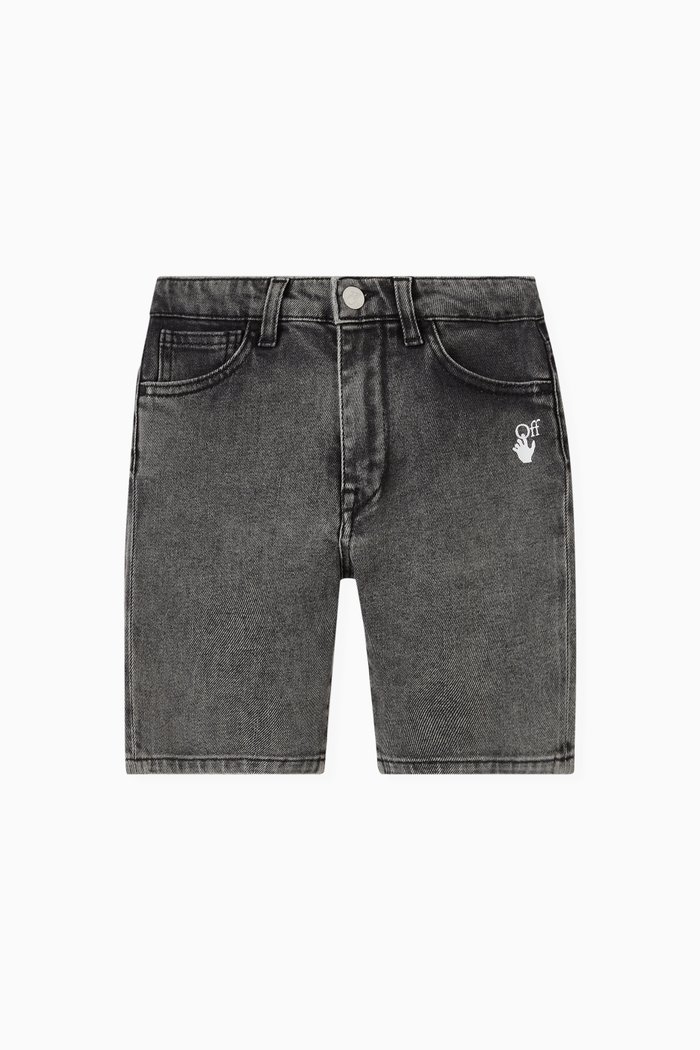 "Off" Slim Shorts in Denim, Black