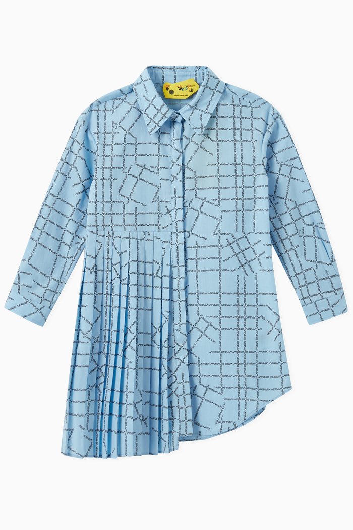 

Check Logo Pleated Shirt Dress in Cotton Poplin, Blue
