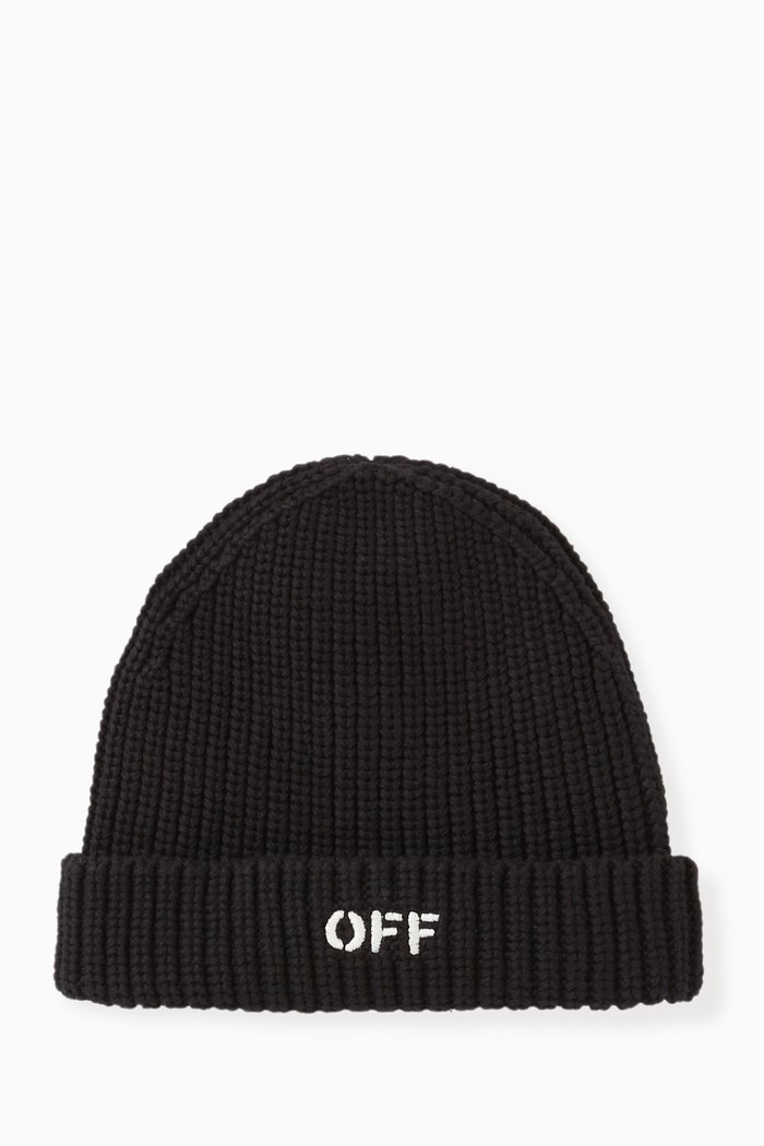 

OFF Beanie in Ribbed Cotton Knit, Black