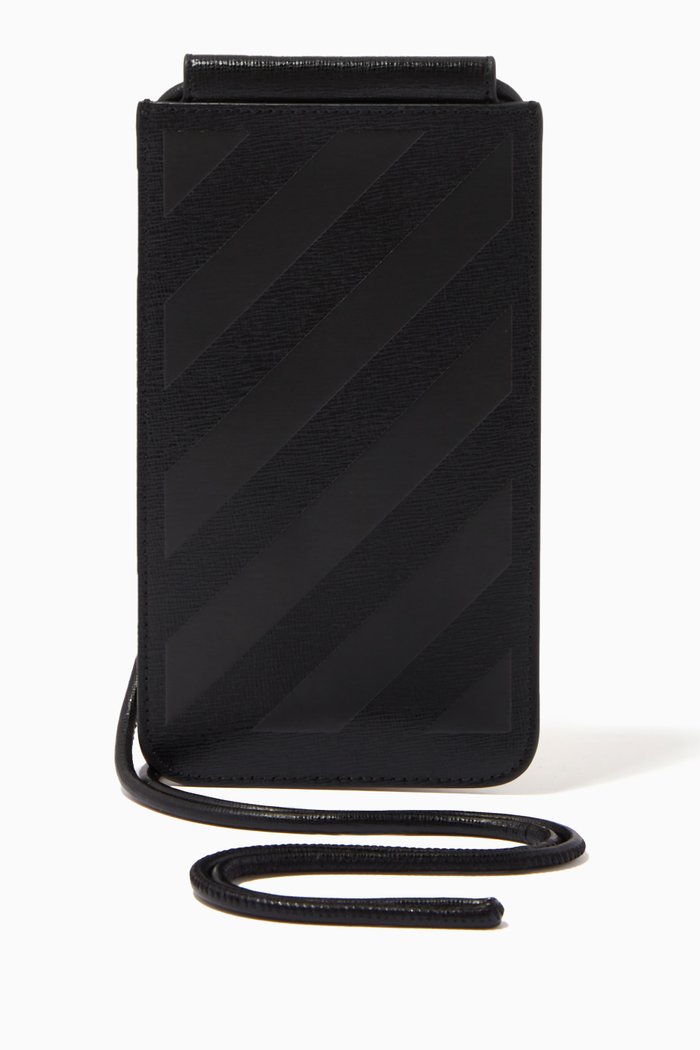 

Diagonal Stripe Neck Pouch in Leather, Black