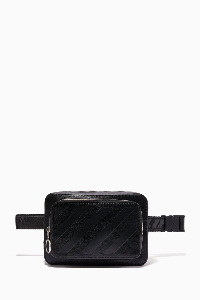 

Diagonal Stripe Belt Bag in Leather, Black