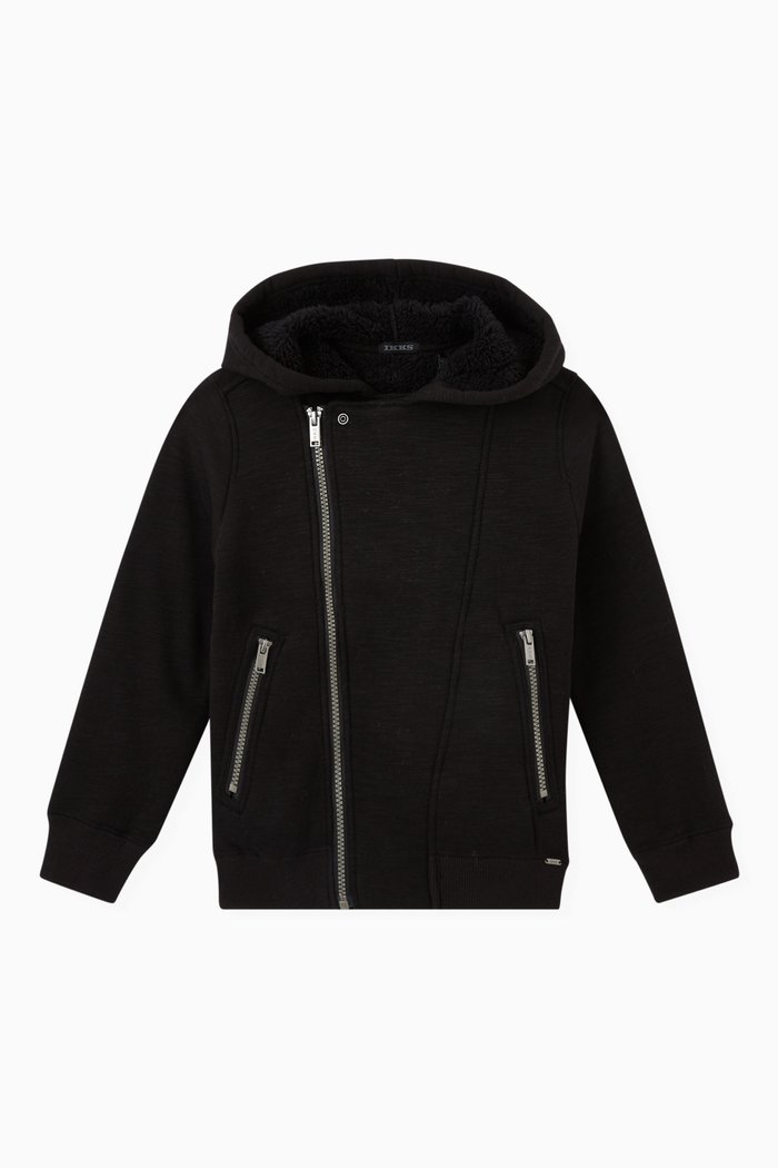 

Biker-Style Cardigan with Sweatshirt Fabric Hood, Black