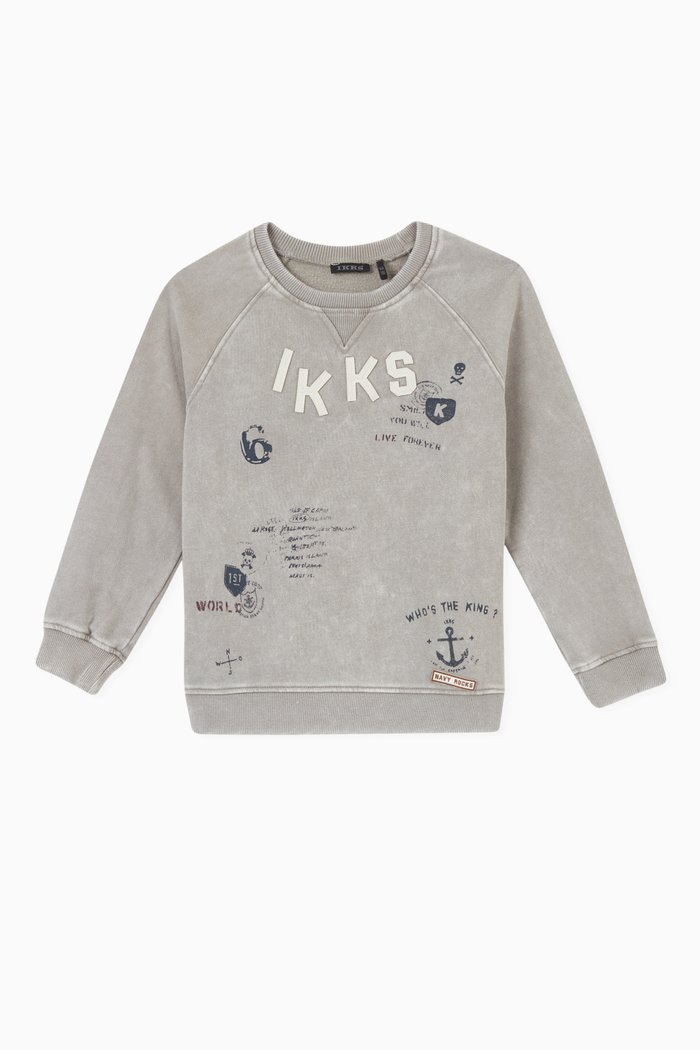 

Marl Letter Patches & Print Sweatshirt in Cotton, Grey