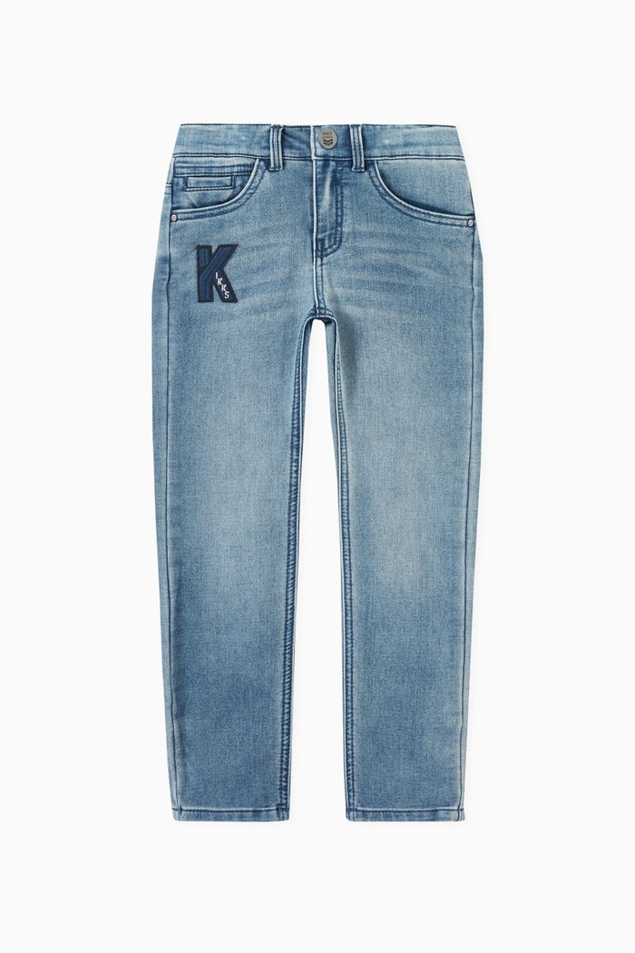 

Slim Jeans with Patches in Cotton, Blue