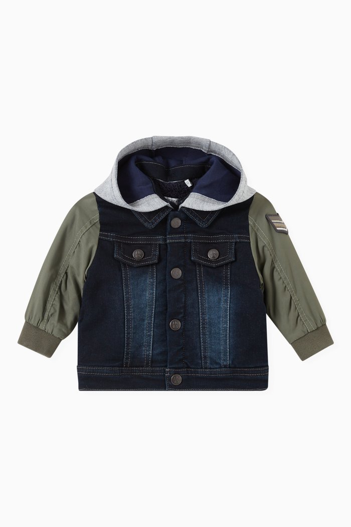 

Hooded Denim Jacket with Nylon Sleeves, Blue