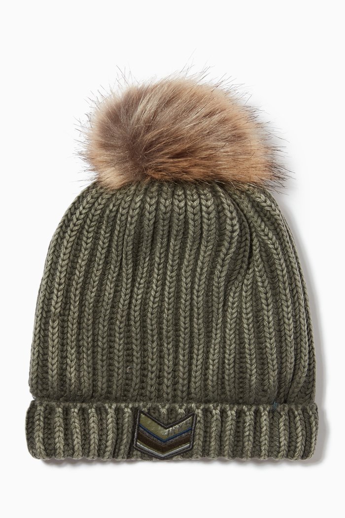 

Quilted Effect Knitted Hat in Wool, Brown