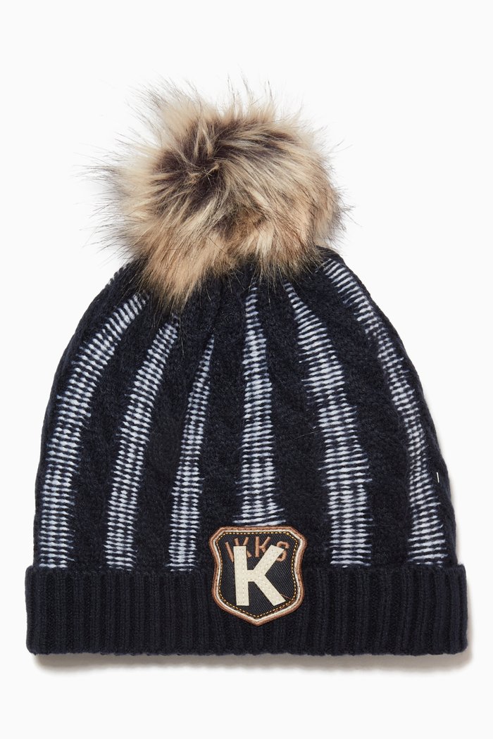 

Pompom Beanie in Cable Knit, Blue