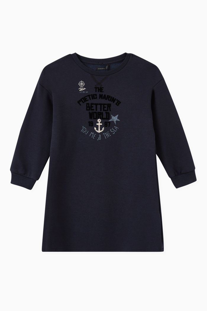 

Velvet Text Print Sweatshirt Dress in Cotton, Blue