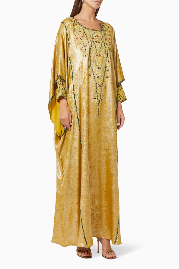 Abstract Kaftan in Hand Embroidered Silk, Yellow