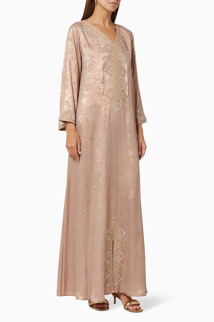 

Moroccan Style Kaftan in Hand Embroidered Silk, Pink