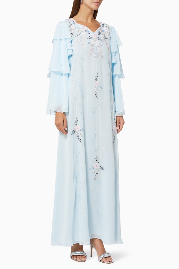 

Flowing Kaftan in Hand Embroidered Chiffon, Blue