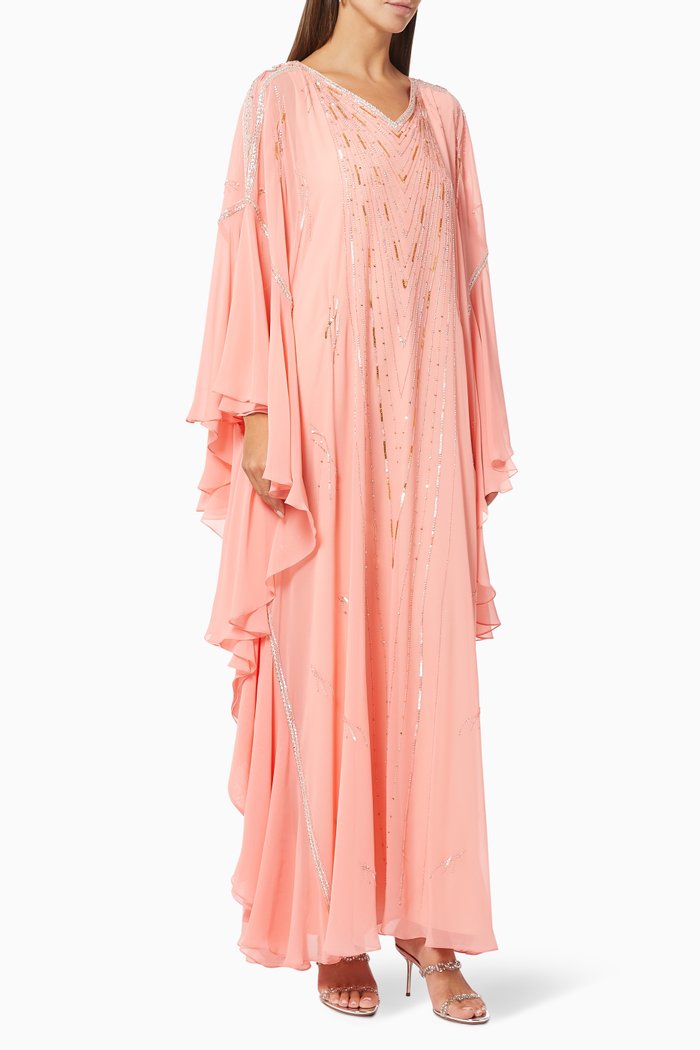 

Abstract Embroidered Kaftan in Chiffon, Pink