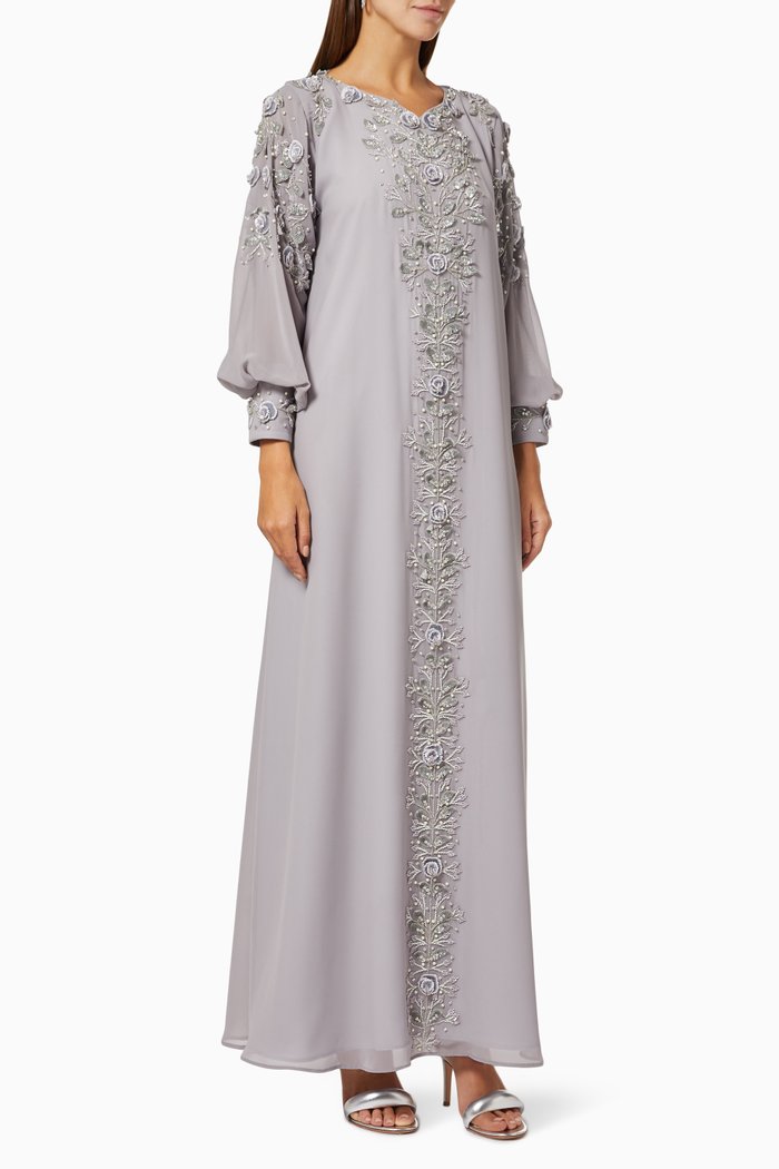 

Floral Embellished Maxi Dress in Crepe, Grey