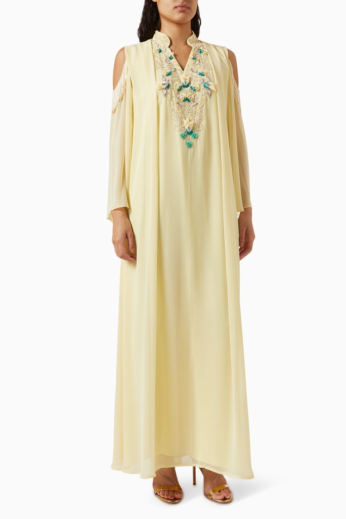 

Embroidered Cold-shoulder Kaftan in Chiffon, Yellow
